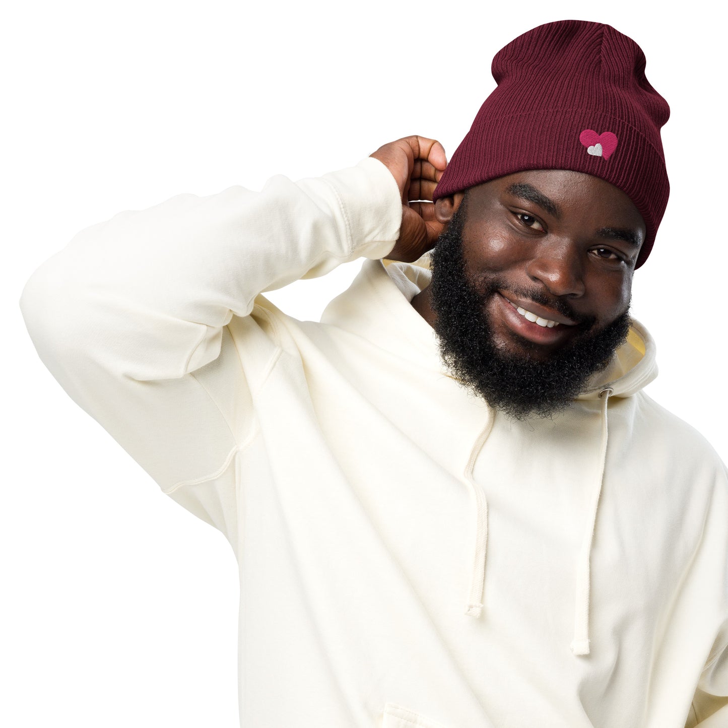 ORGANIC RIBBED DOUBLE HEART BEANIE
